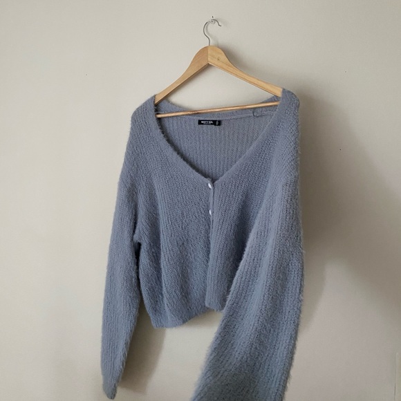 Nasty Gal Blue Fuzzy Pearl Cardigan - Picture 2 of 6